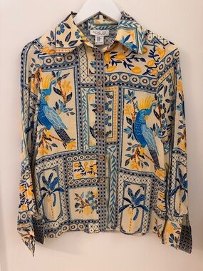Rachel Zoe Cream Button-Up Shirt with Blue and Yellow Parrot Print